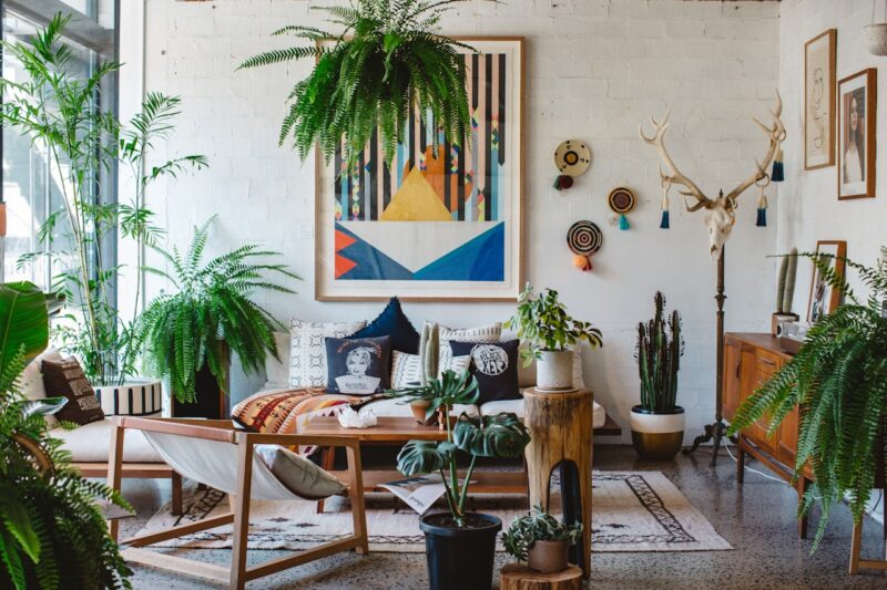 Bohemian hoek met planten en hout