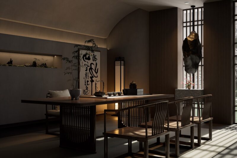 Japandi eethoek met lange houten tafel