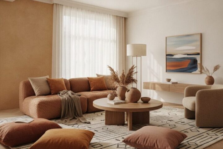 Warm minimalisme in de woonkamer met kleur en textuur