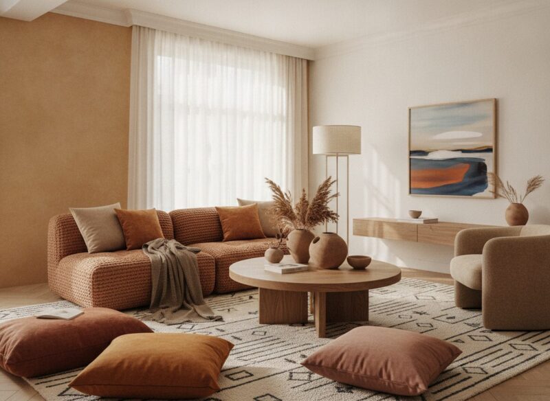 Warm minimalisme in de woonkamer met kleur en textuur