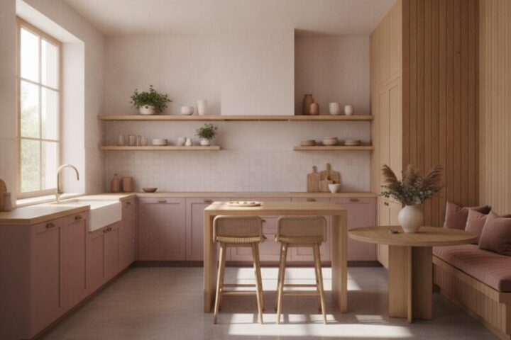 Warme designlook met zachtroze keuken en eikenhout