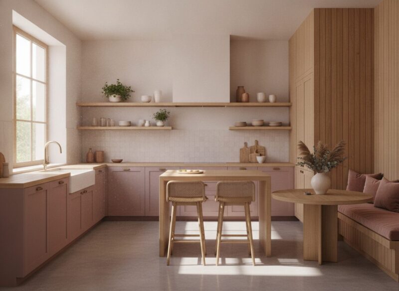 Warme designlook met zachtroze keuken en eikenhout