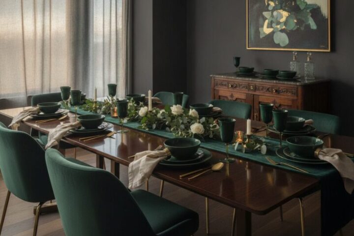 Donkergroen servies op tafel laat je eettafel direct duurder ogen
