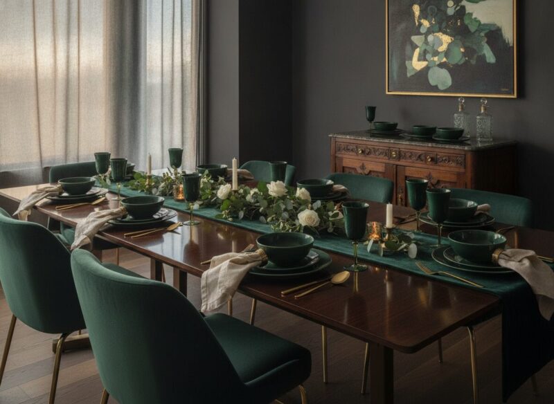 Donkergroen servies op tafel laat je eettafel direct duurder ogen