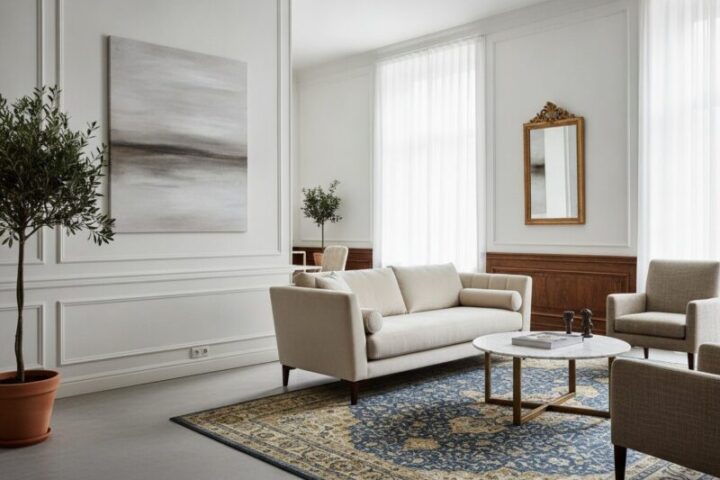 Hoge witte plint langs een gestucte muur met een houten vloer