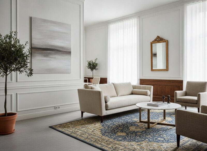 Hoge witte plint langs een gestucte muur met een houten vloer