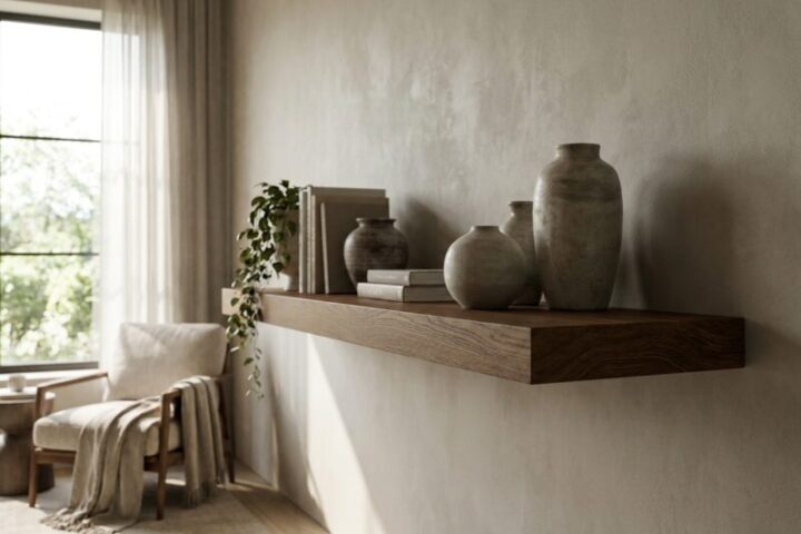 Zwevende eiken wandplank boven een bank in een licht ingerichte woonkamer